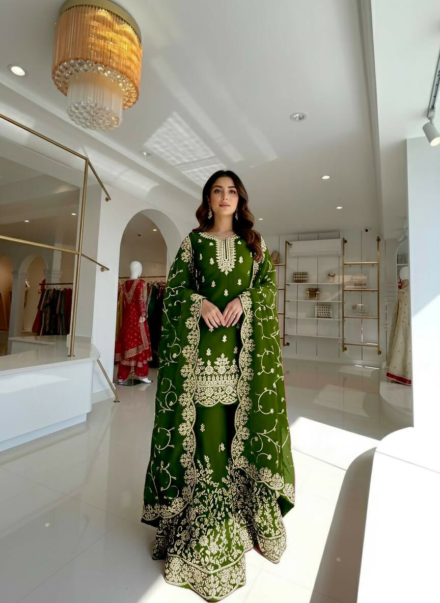 Teeya Creation Green Pure Silk Gimmy Silk Heavy Embroidery Work Wedding Wear Palazzo Pair