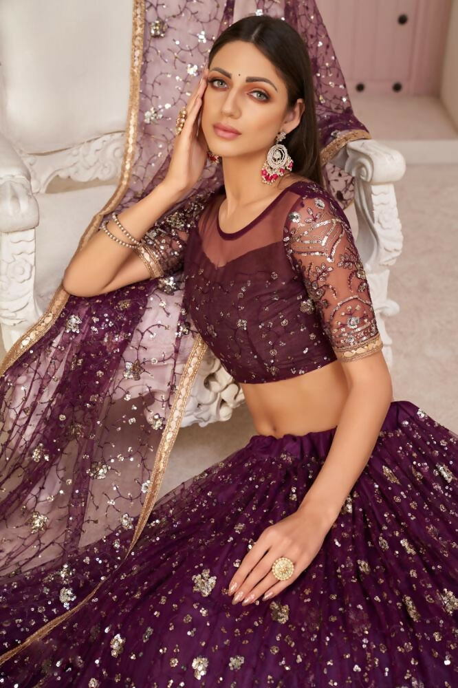 Aastha Fashion Wine Butterfly Net All Over Thread Work, Zari Work And Sandwich Sequence Work Embroidery Wedding Wear Lehenga Choli