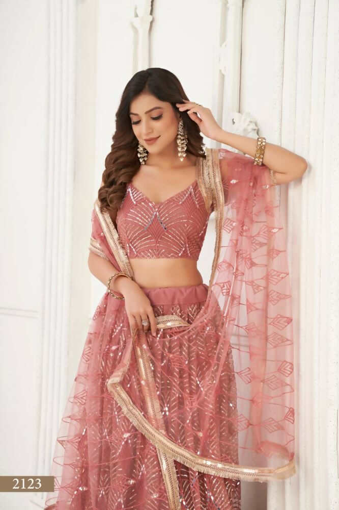 Aastha Fashion Dusty Onion Pink Butterfly Net Tone To Tone Thread Work, Sequence Work And Original Mirror Work Embroidery Wedding Wear Lehenga Choli