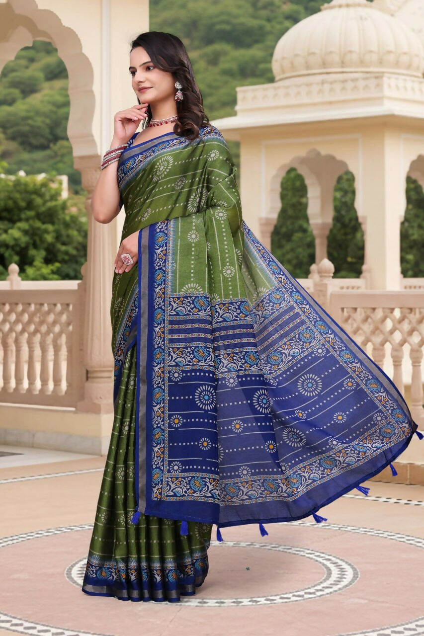 Prime Volt Women's Green & Blue Printed Mal Cotton Saree with Designer Blouse Piece