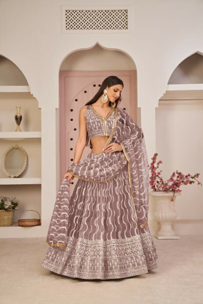 Aastha Fashion Onion Pink Butterfly Net White Cotton Thread Work, Zari Work And Sandwich Sequence Work Embroidery Wedding Wear Lehenga Choli