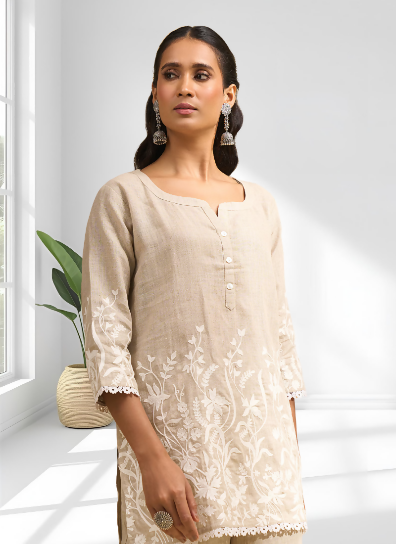 Joban Fashion Beige Linen Embroidered Readymade Cord Set