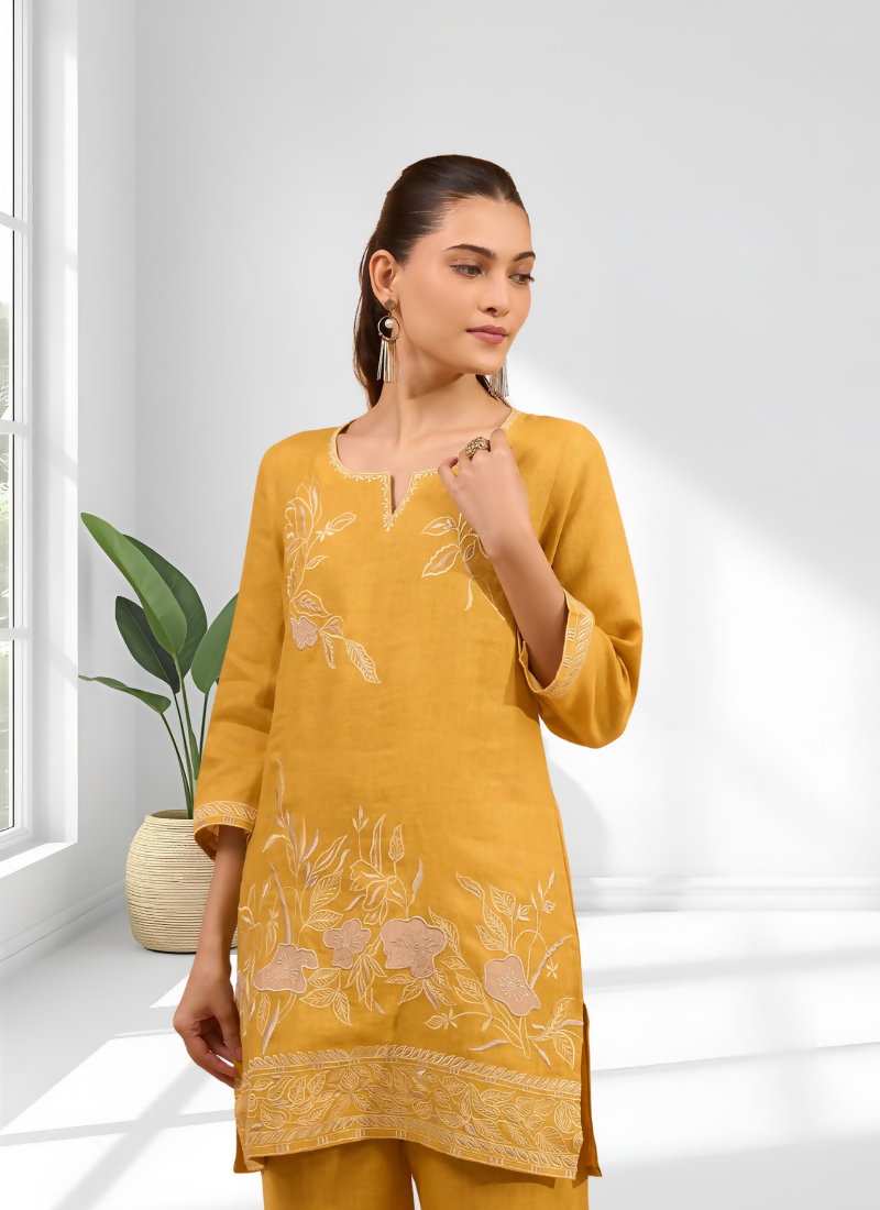 Joban Fashion Mustard Linen Embroidered Readymade Cord Set