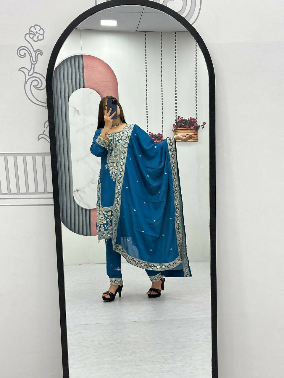 Teeya Creation Womens New Wedding Wear Heavy Embroidery Thread Work Teal Kurta Set