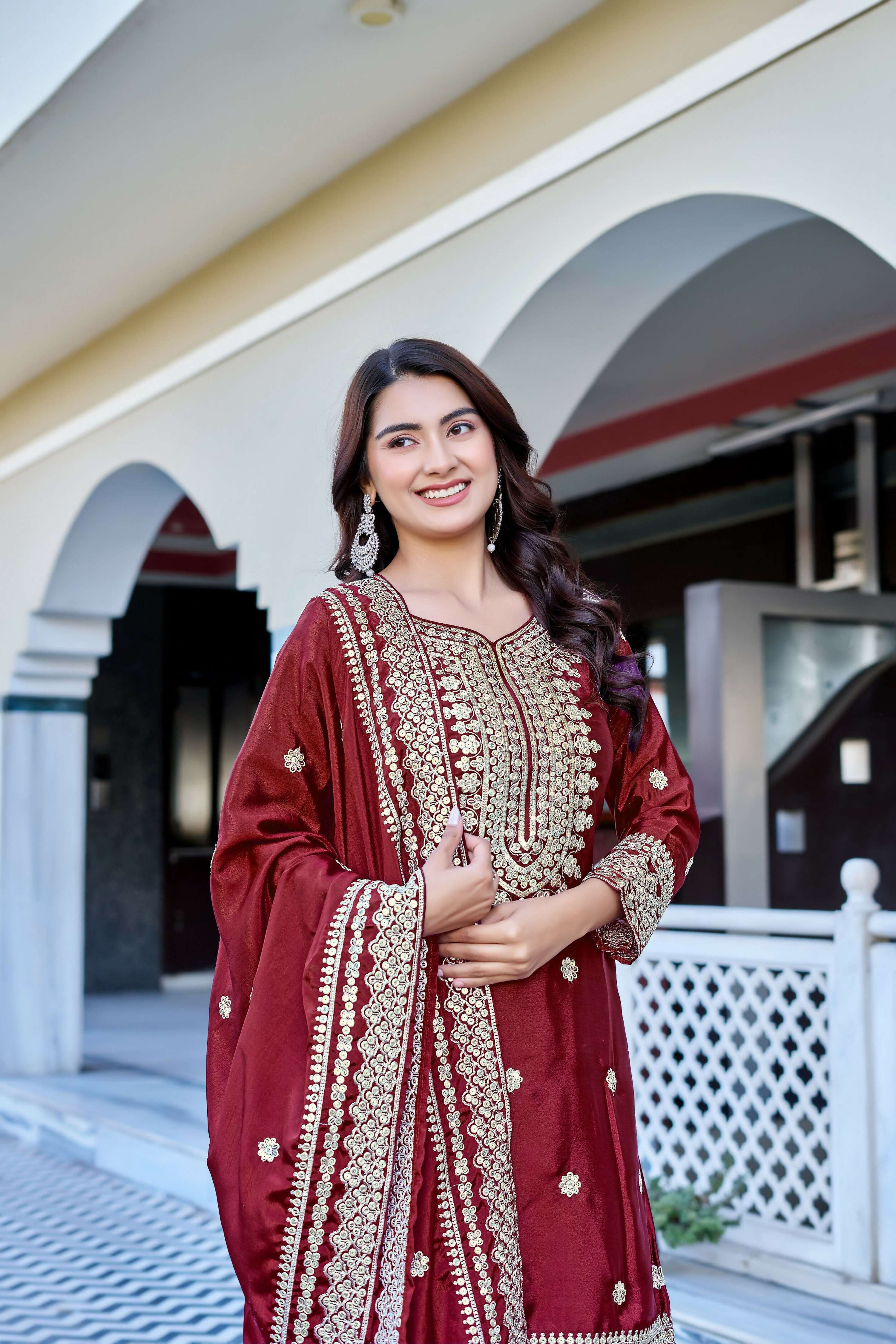 Teeya Creation Maroon Color Chinon Silk Heavy Embroidery Work Wedding Wear Sharara
