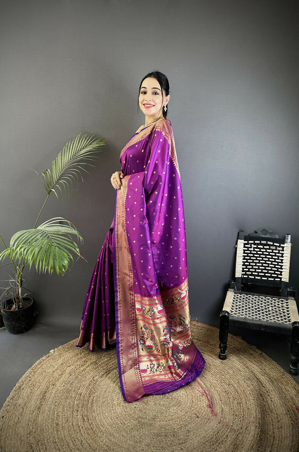 Joban Fashion Purple Butti Woven Soft Lichi Silk Paithani Saree