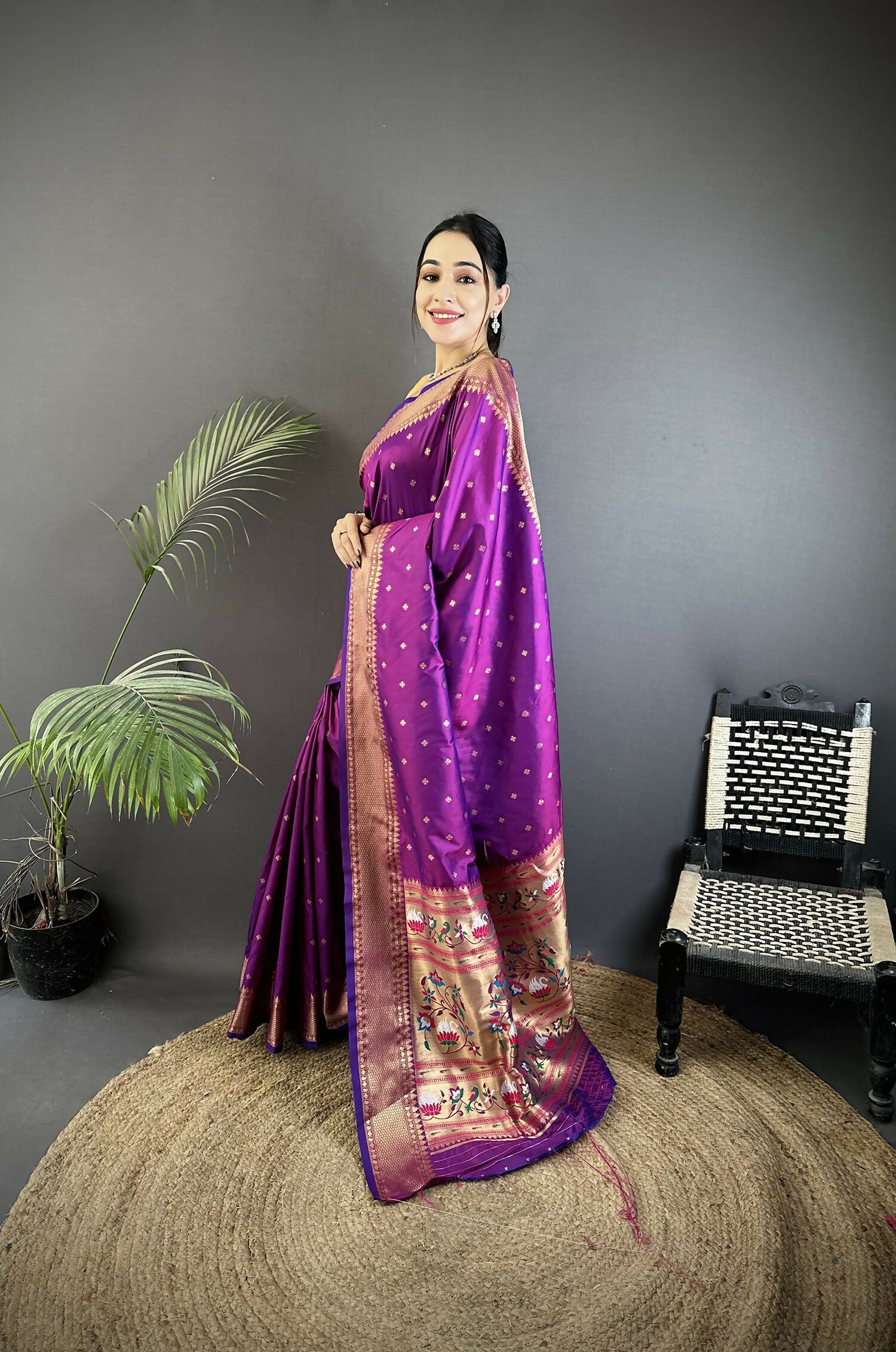 Joban Fashion Purple Butti Woven Soft Lichi Silk Paithani Saree