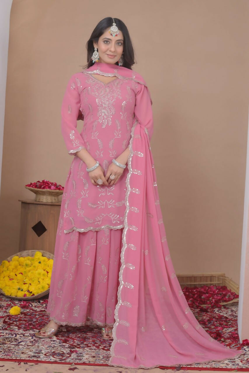 Teeya Creation Baby Pink Color Faux Georgette Wedding Wear Trending Palazzo Set