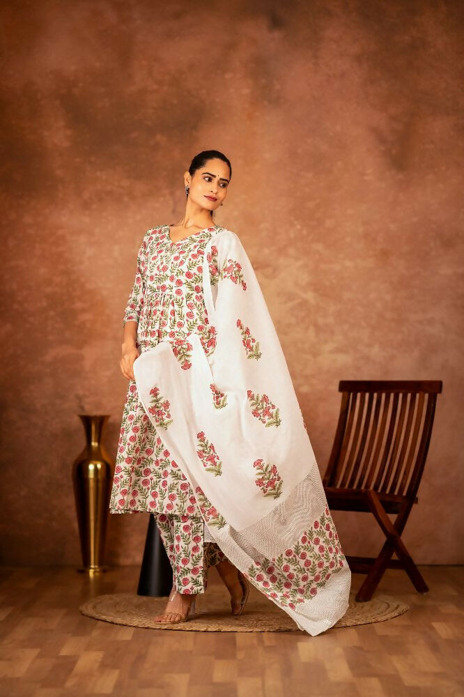 Joban Fashion Red Green Hand Block Printed Cotton Suit Set