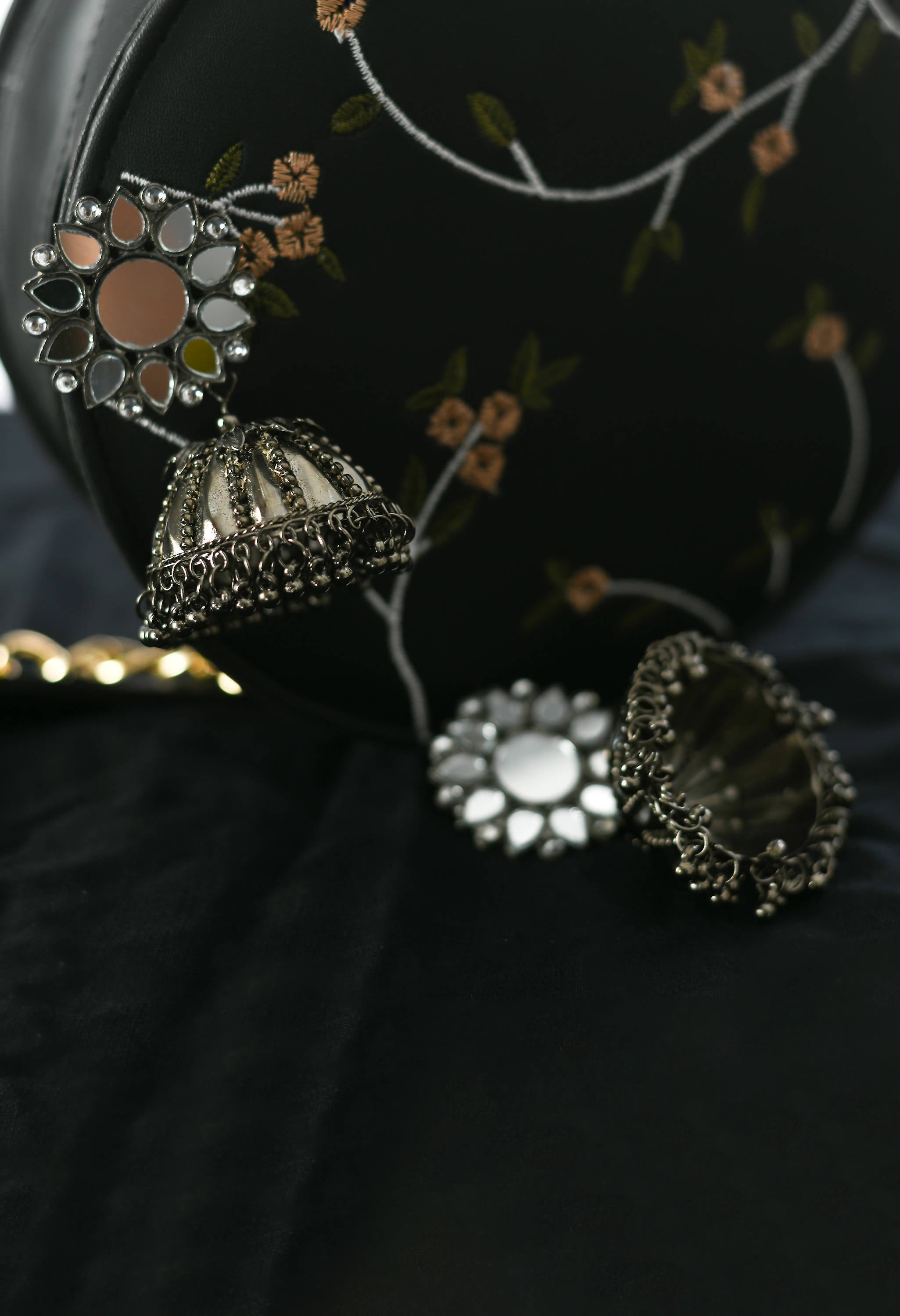 Mominos Fashion Johar Kamal Silver-Plated With Mirror Earrings Jhumkas