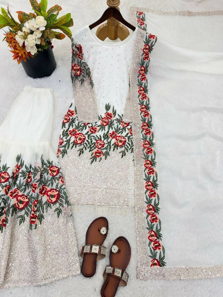 Teeya Creation White Fendy Silk Heavy Embroidery Work Party Wear Sharara Suit