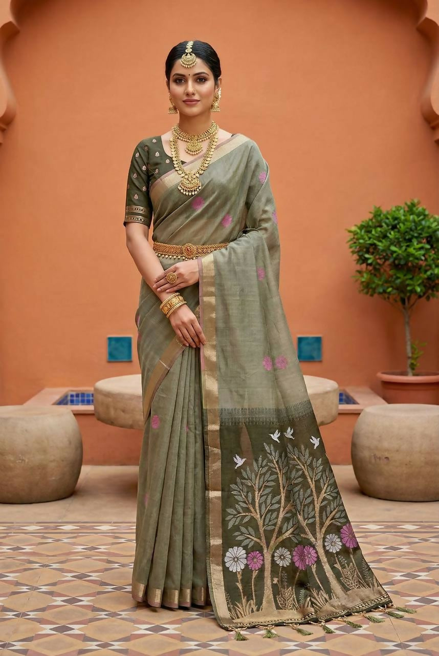 Vastranavya Grey Muga Cotton Meenakari & Azarakh Pallu Saree with Contrast Blouse