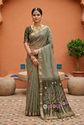 Vastranavya Grey Muga Cotton Meenakari & Azarakh Pallu Saree with Contrast Blouse