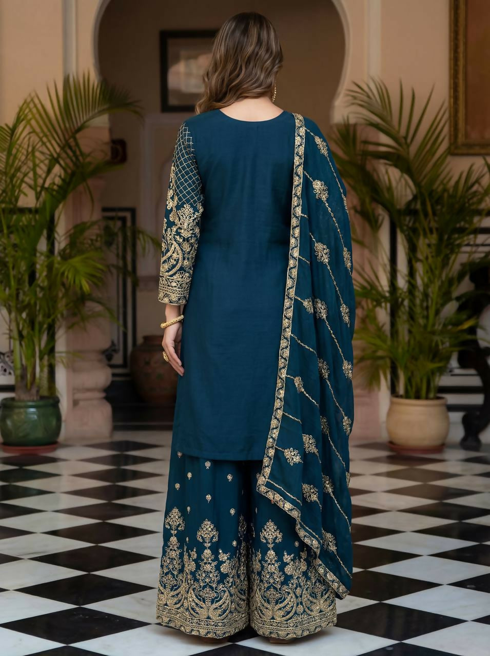 Joban Fashion Teal Silk Embroidered Sharara Set