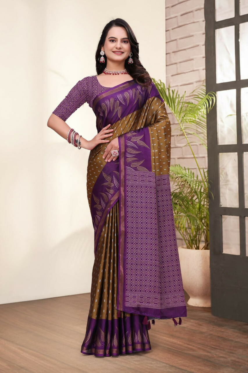 Prime Volt Mal Cotton Mustard Purple Ethnic Printed Saree with Designer Blouse Piece