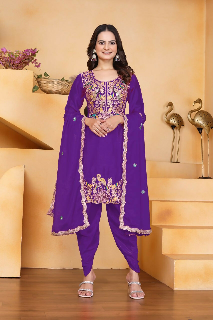 Joban Fashion Purple Silk Embroidered Dhoti Dhoti Set