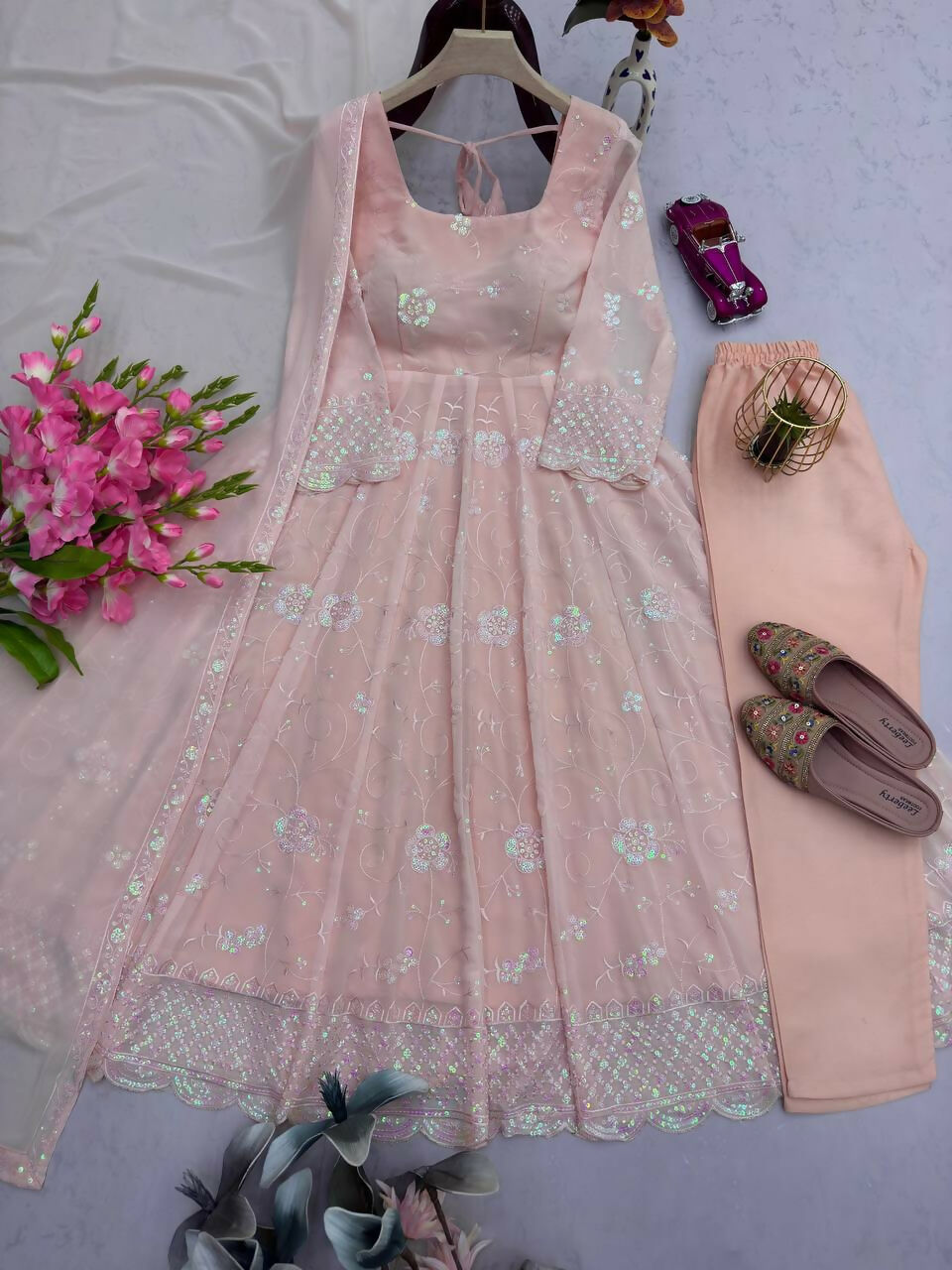Teeya Creation Light Peach Color Faux Georgette Long Party Wear Gown