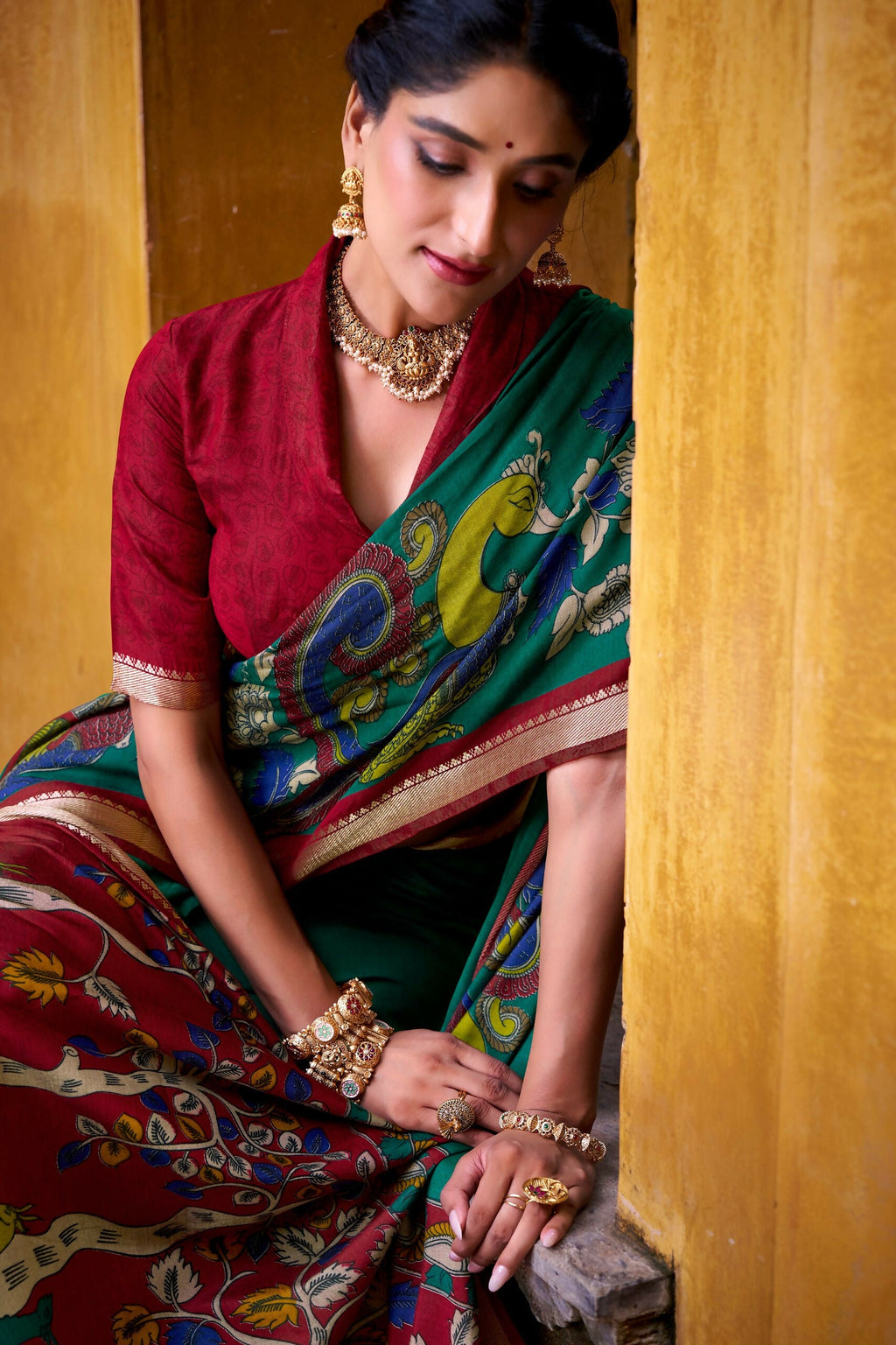 Vastranavya Firozi Viscose Chanderi Kalamkari Print with Zari Working Saree & Unstitched Blouse