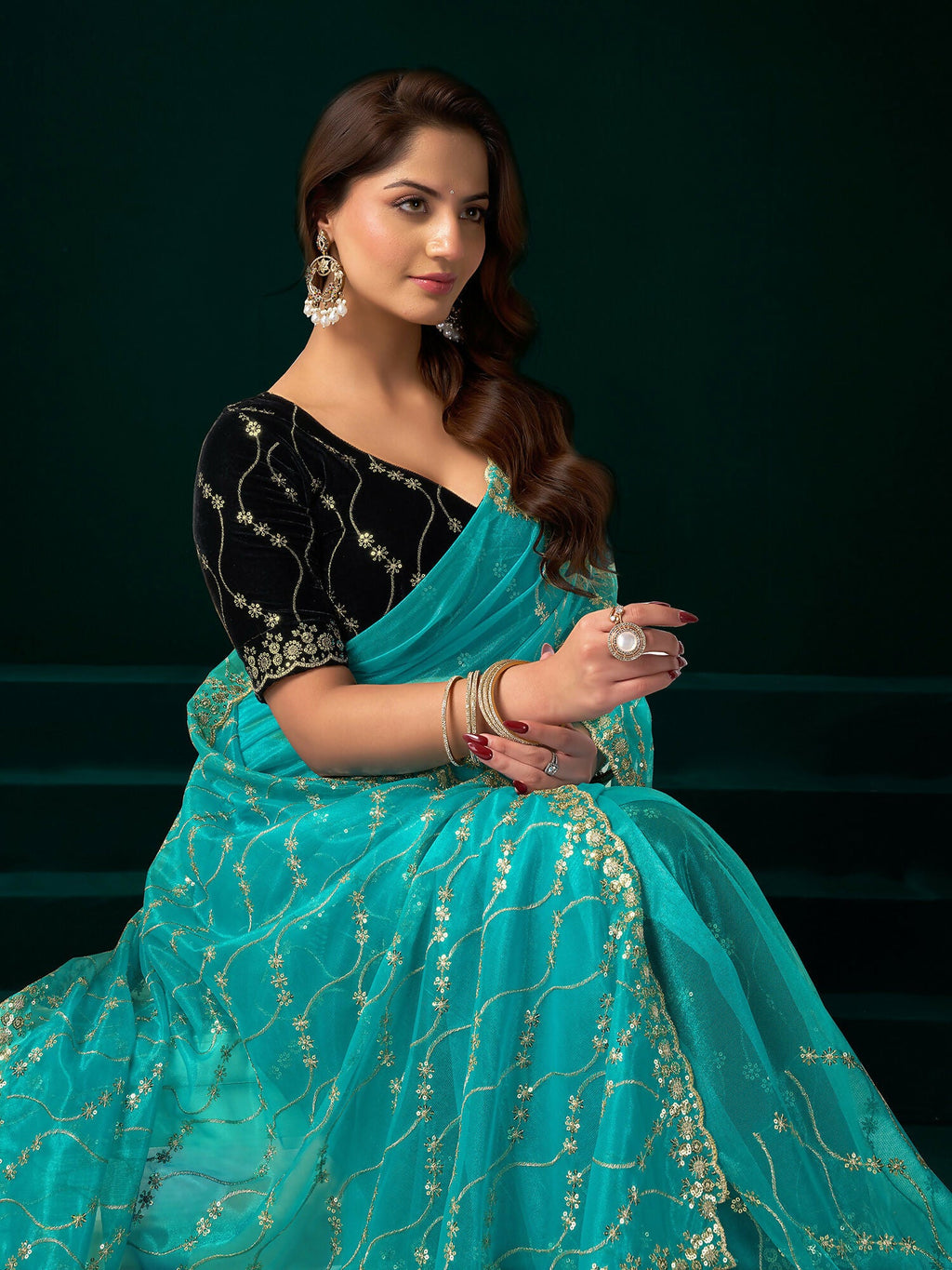 Joban Fashion Turquoise Net Party Wear Sarees