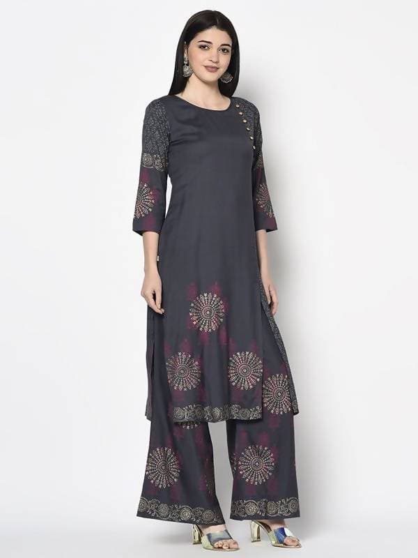 Aniyah Rayon Dark Grey Color Block Print Straight Kurta Palazzo Set (AN-202K)