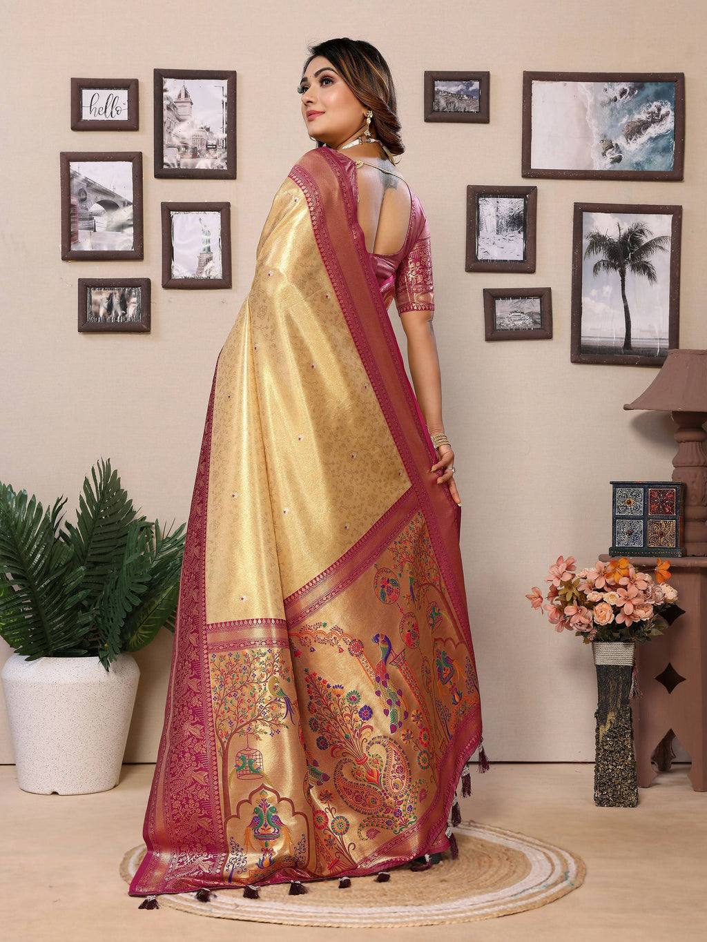 Aastha Fashion Cream Tissue Silk Weaving Saree