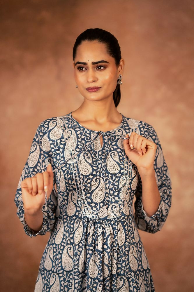 Joban Fashion Blue Floral Hand Block Printed Cotton Kurta Pant Set