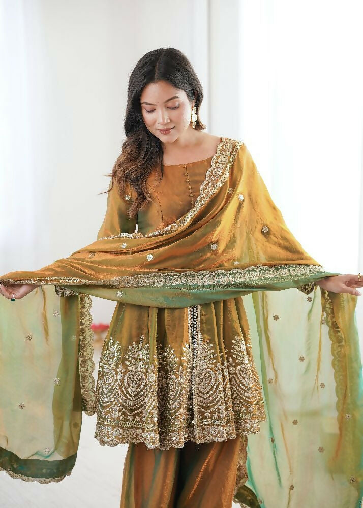 Teeya Creation Olive Color Fendy Satin Silk Embroidery Work Party Wear Salwar Suit