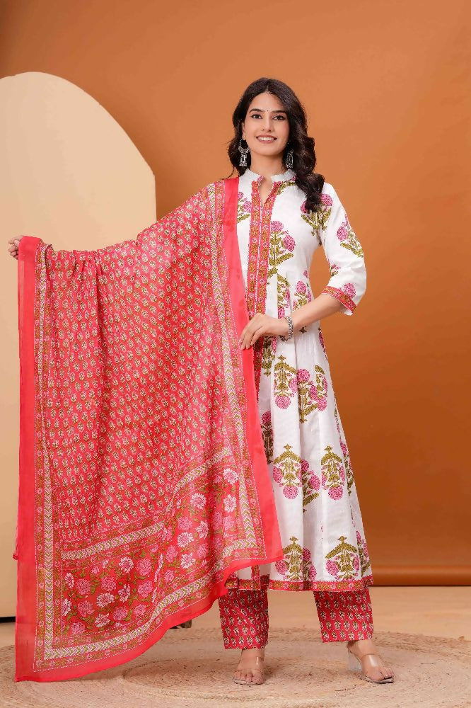 Jaimini Women Cotton Printed Mandarin Collar Neck Calf Length Flared Kurta Pant And Dupatta Set