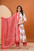Jaimini Women Cotton Printed Mandarin Collar Neck Calf Length Flared Kurta Pant And Dupatta Set