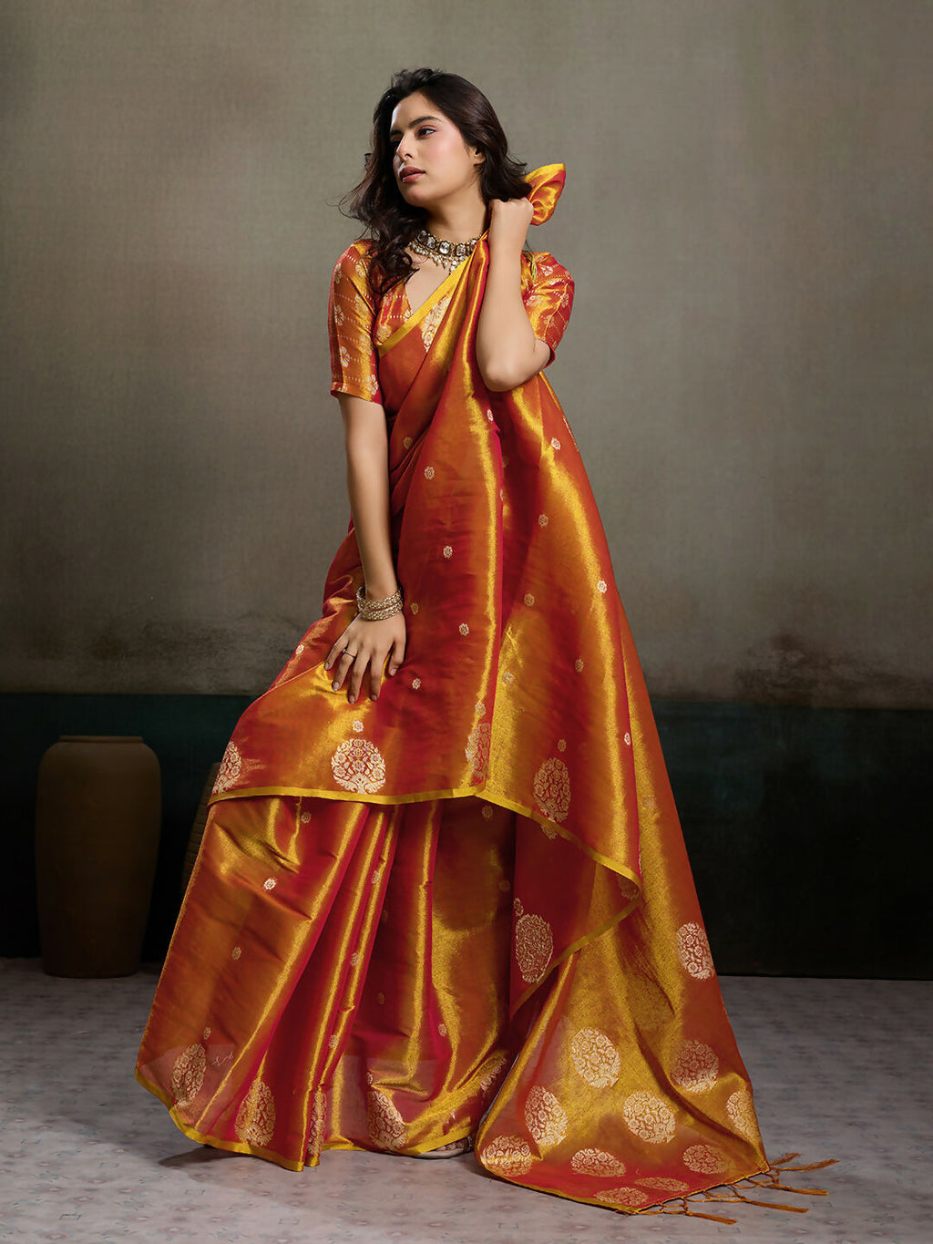 Shree Shyam Fashion Orange Tissue Silk Saree