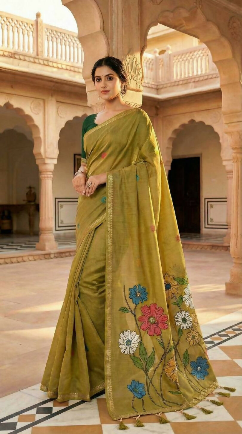 Vastranavya Yellow Muga Cotton Meenakari & Azarakh Pallu Saree with Contrast Blouse