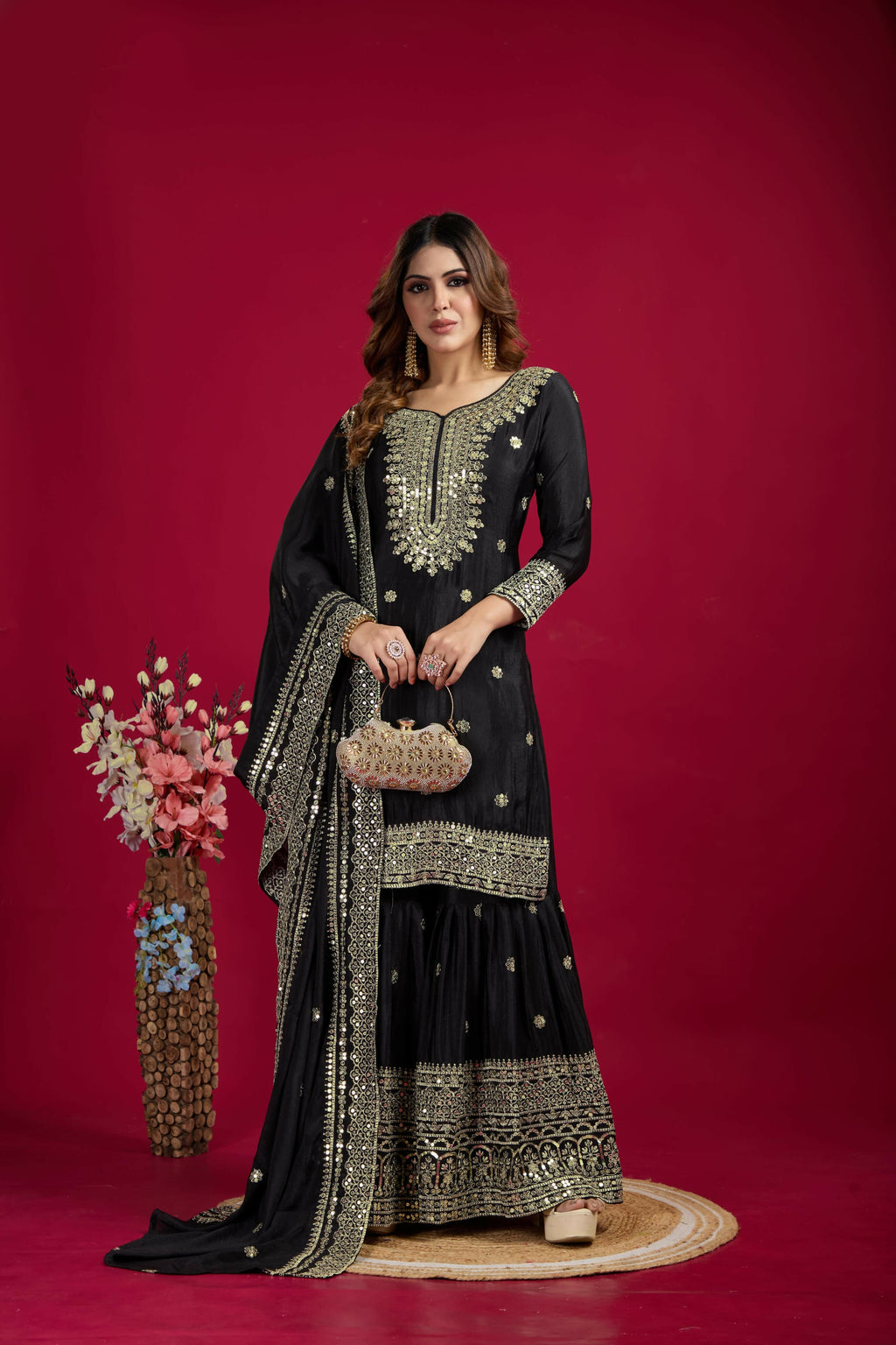 Joban Fashion Black Kurta Set Silk Sequins , Zari, Coding & Thread Embroidered work