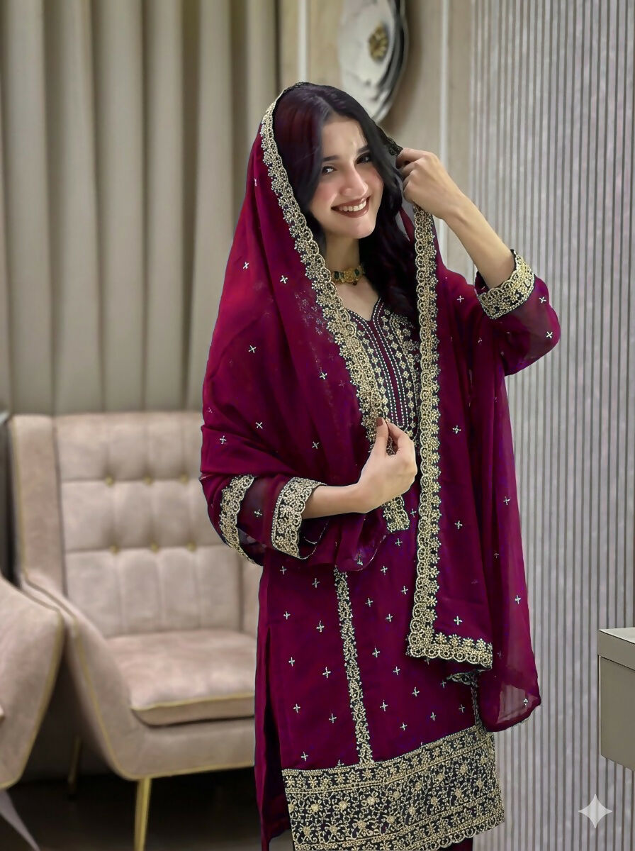 Teeya Creation Wine Color Faux Georgette Embroidery Work Party Wear Salwar Suit