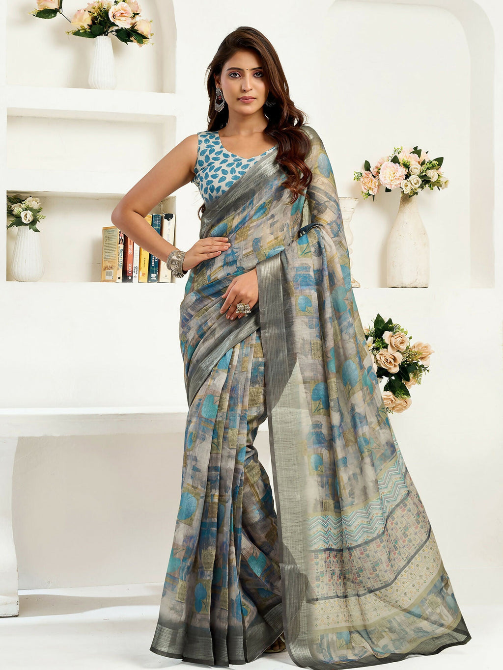 Joban Fashion  Dusty Brown Floral & Ethnic Motifs Linen Ready To Wear Saree With Unstitched Blouse