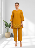 Joban Fashion Yellow Cotton, Linen Embroidered Readymade Cord Set