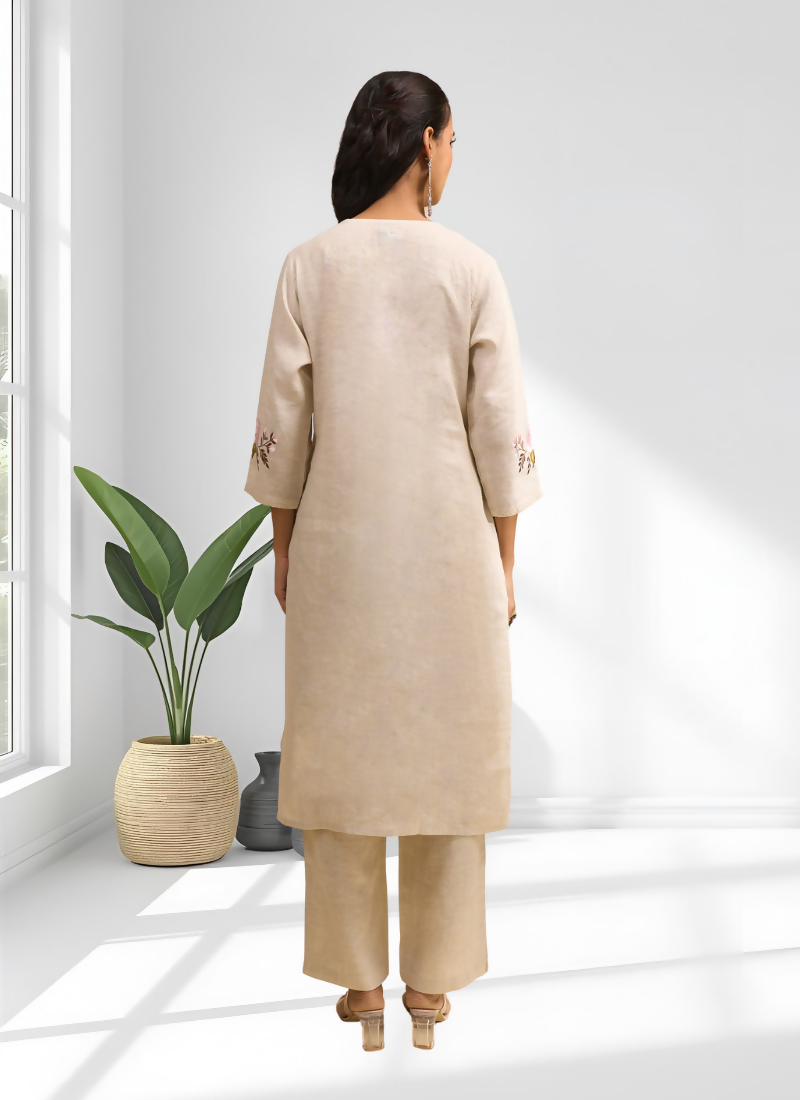 Joban Fashion Beige Linen Embroidered Readymade Long Kurta With Pant