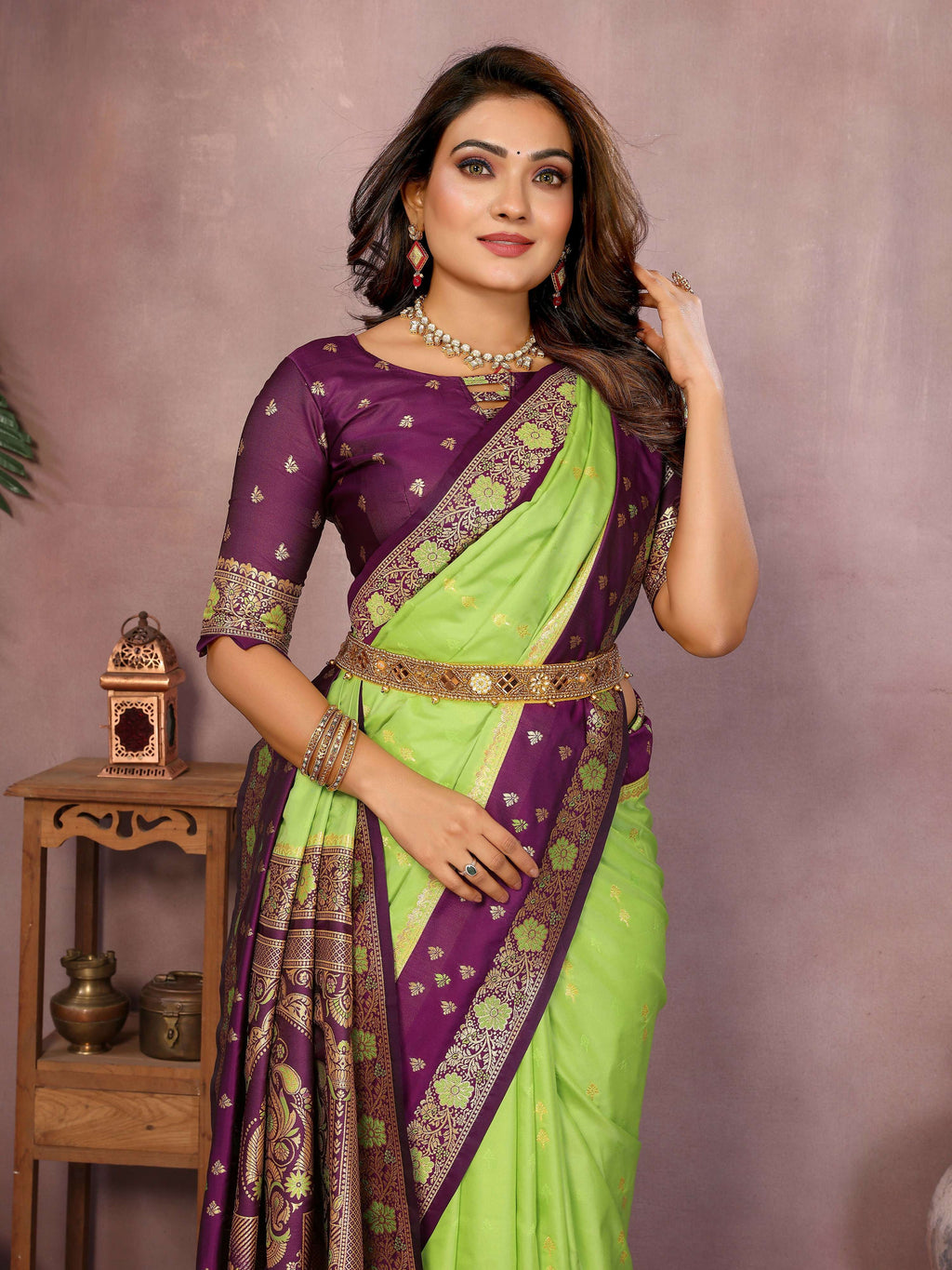 Aastha Fashion Parrot Green Kalamkari Silk Zari Woven Saree