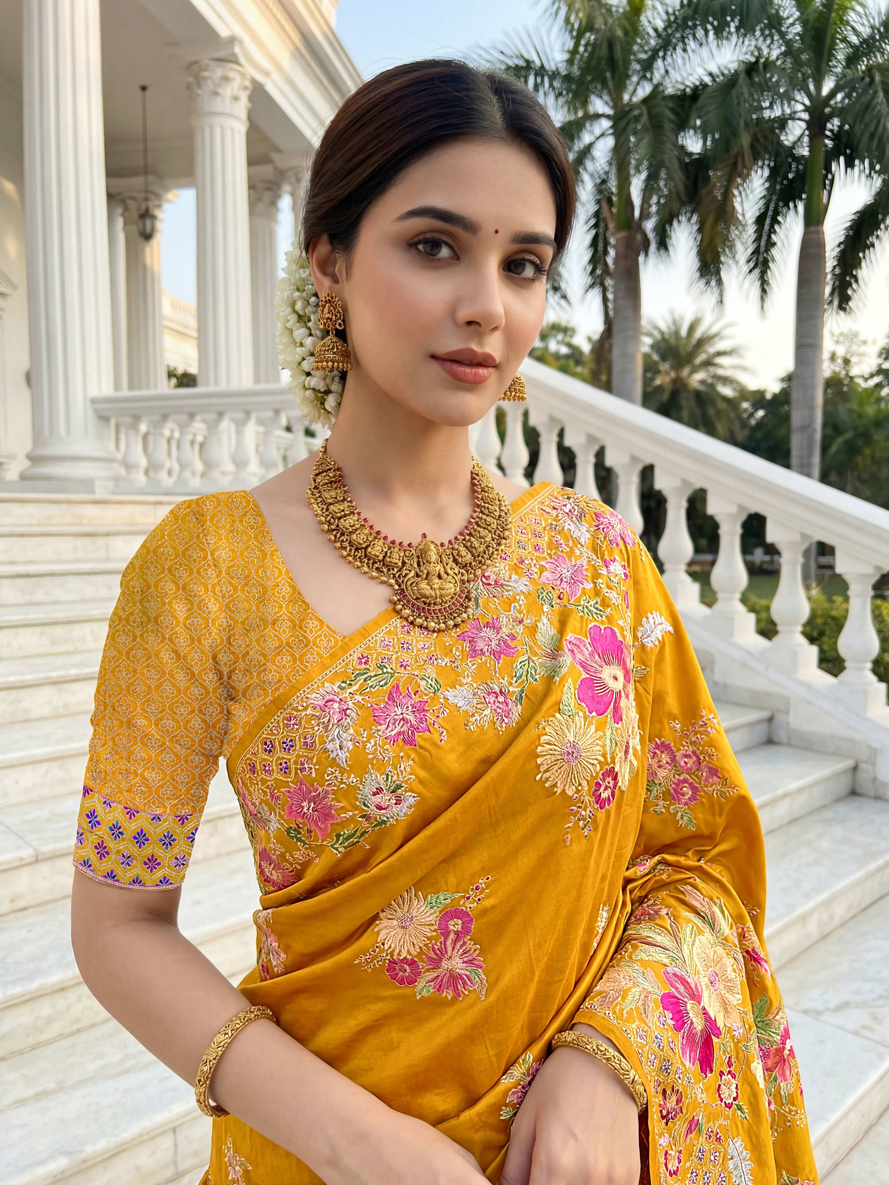 Aastha Fashion Mustard Premium Russian Silk Designer Floral Position Print Saree