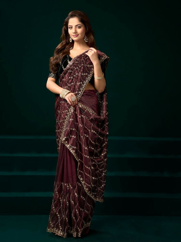 Joban Fashion Maroon Net Party Wear Sarees