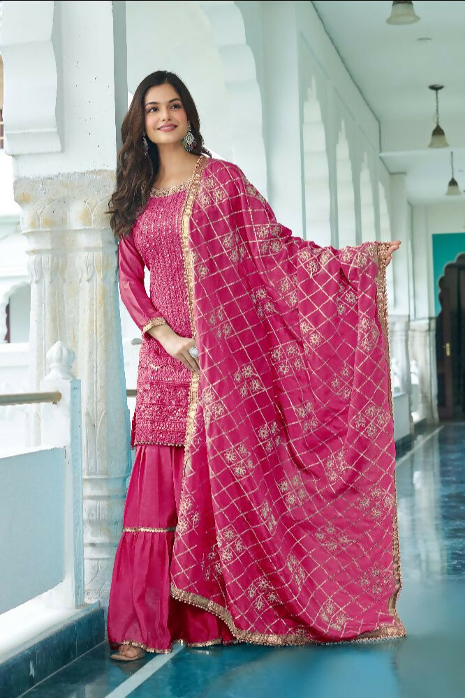 Teeya Creation Pink Colour Chinnon Silk Heavy Embroidery Work Fully Stitched Salwar Suit