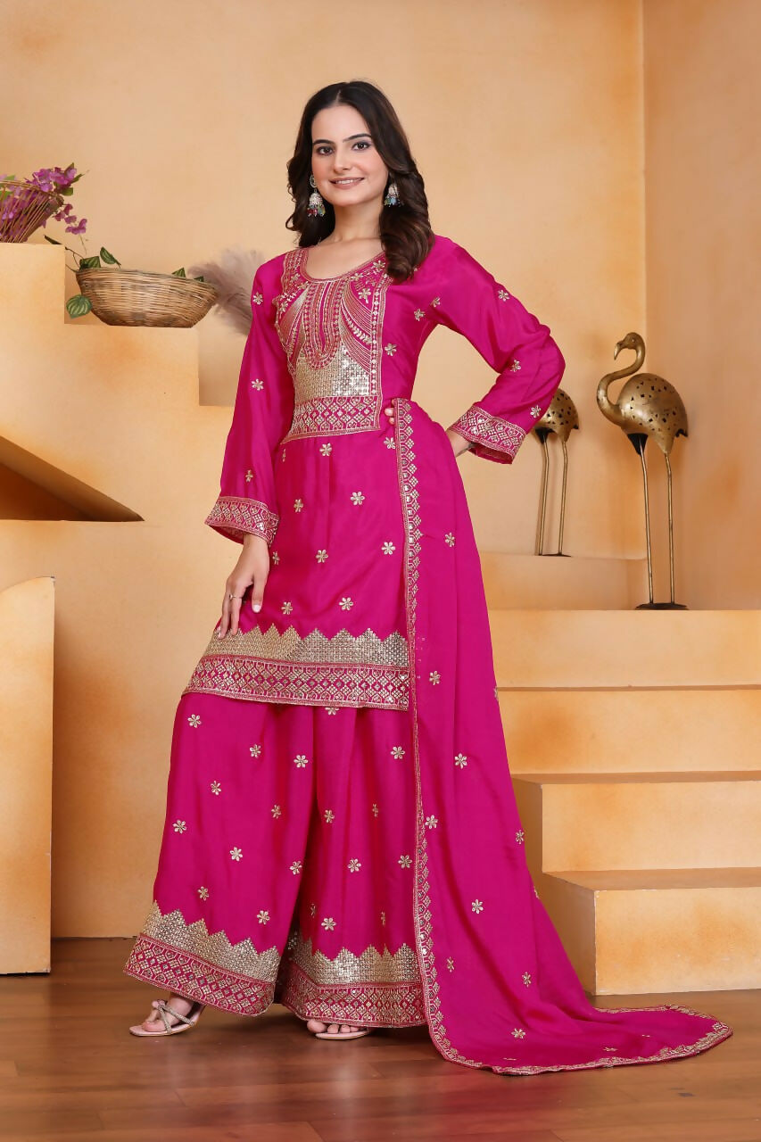 Teeya Creation Pink Color Chinon Silk Wedding Wear Trending Palazzo Set