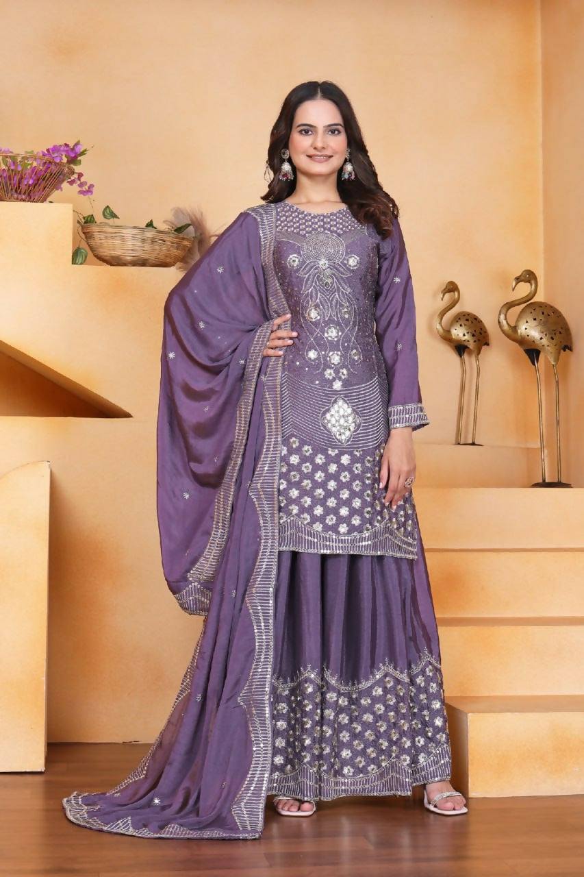 Joban Fashion Purple Silk Embroidered Sharara Set