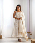 Lehenga Mart Designer Anarkali Suit With Kurta, Pant, Dupatta For Women-Off White