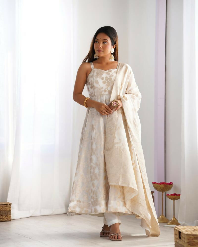 Lehenga Mart Designer Anarkali Suit With Kurta, Pant, Dupatta For Women-Off White