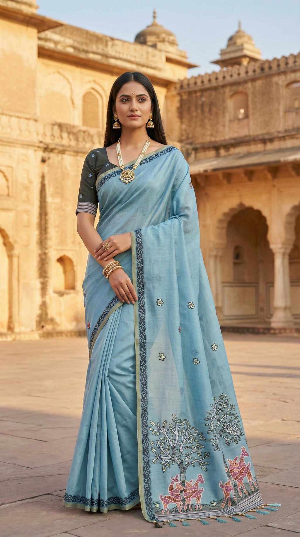 Vastranavya Sky Blue Muga Cotton Meenakari & Azarakh Pallu Saree with Contrast Blouse