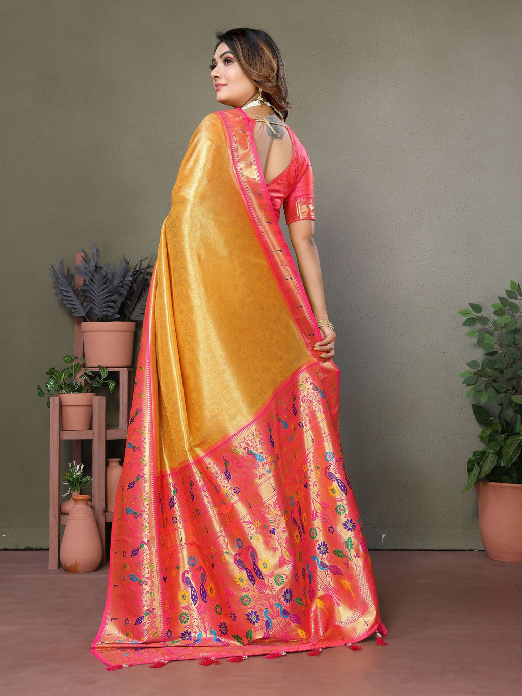 Aastha Fashion Yellow Tissue Silk Paithani Woven Saree