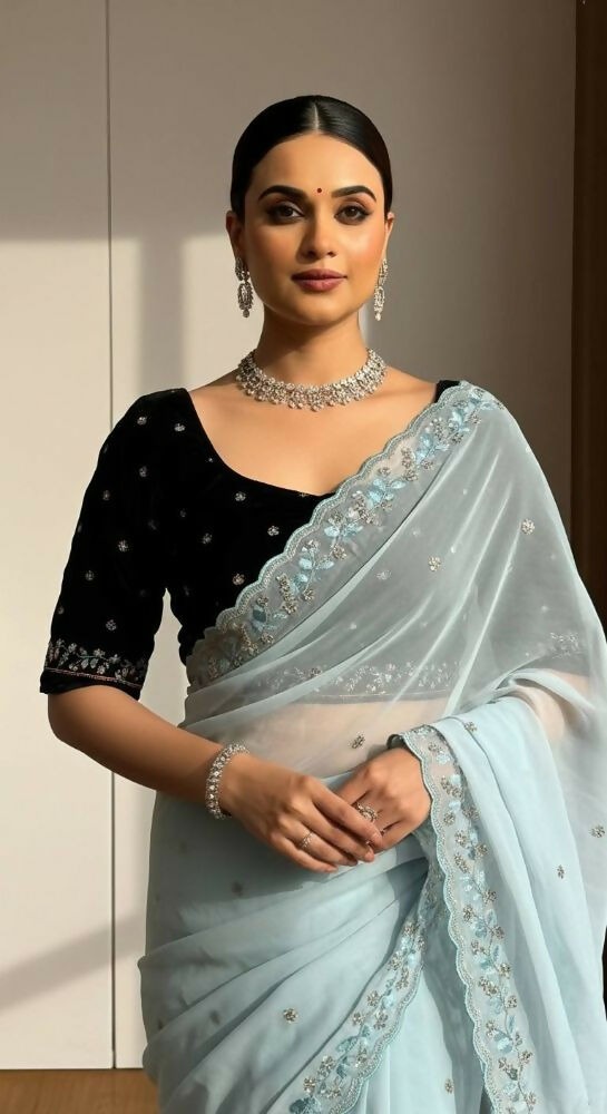 Joban Fashion Ice Blue Faux Georgette Party Wear Sarees
