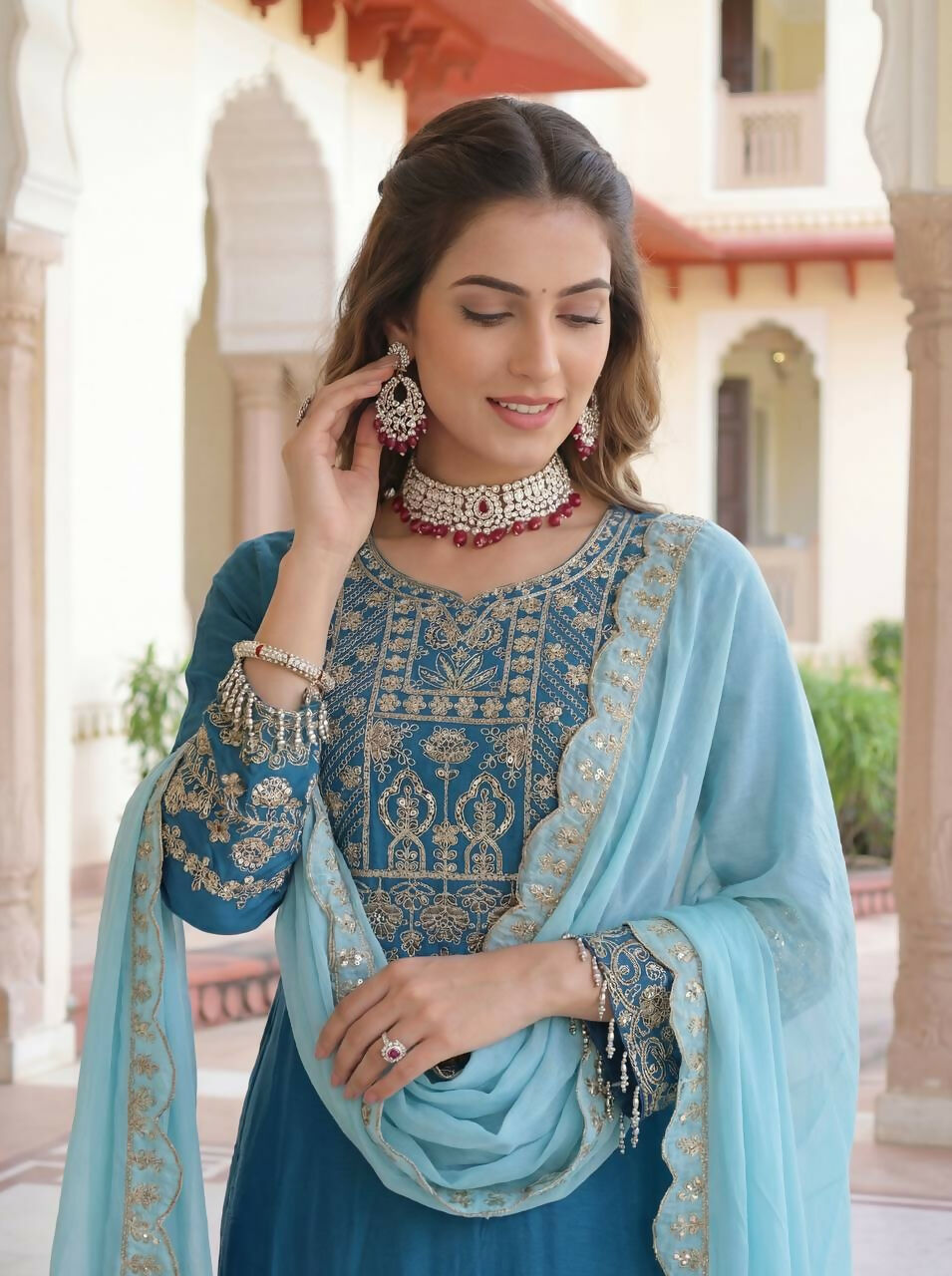 Joban Fashion Blue Silk Embroidered Sharara Set