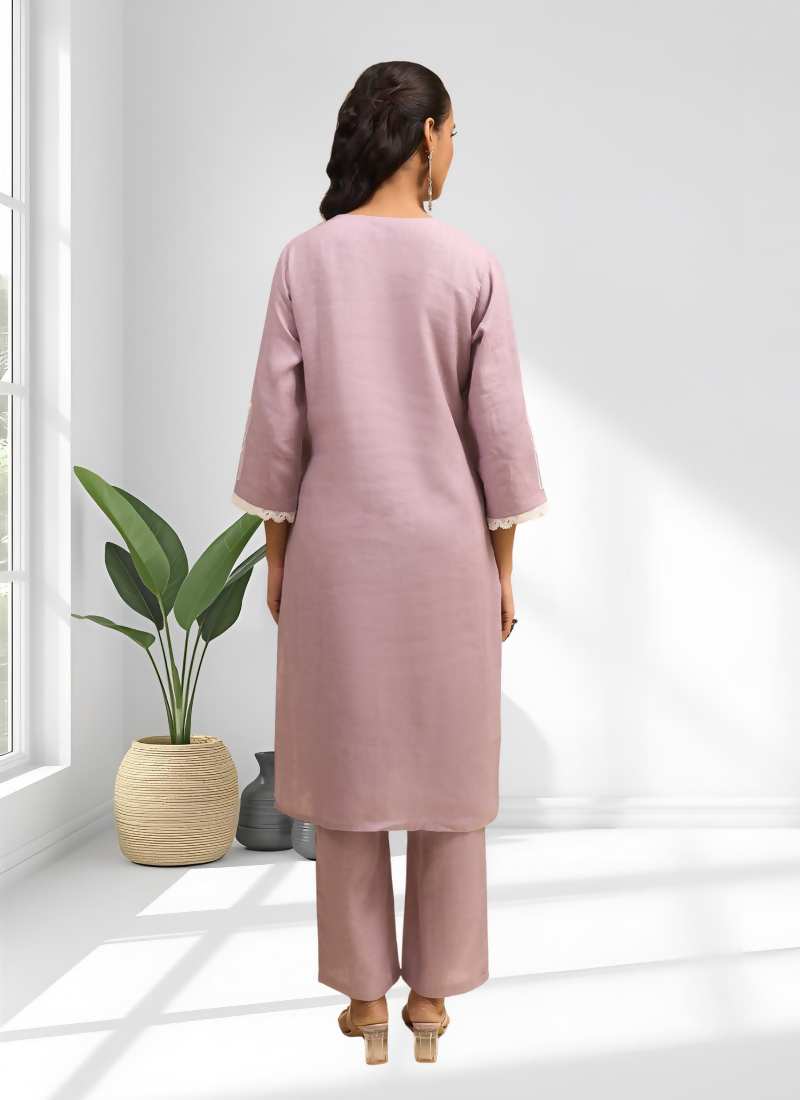 Joban Fashion Pink Linen Embroidered Readymade Long Kurta With Pant