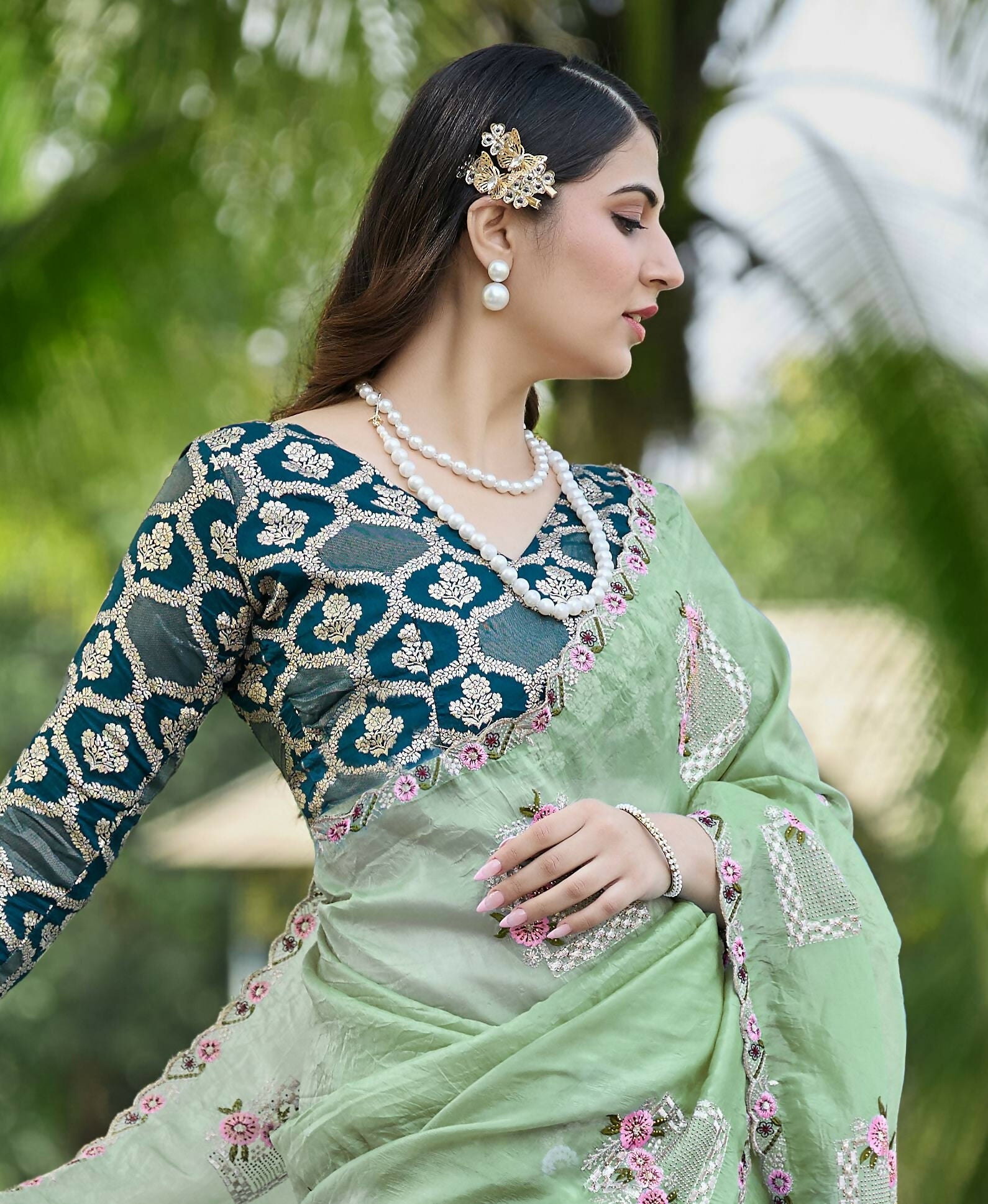 Teeya Creation Pista Color Pure Paper Silk Heavy Embroidery Work Wedding Wear Saree